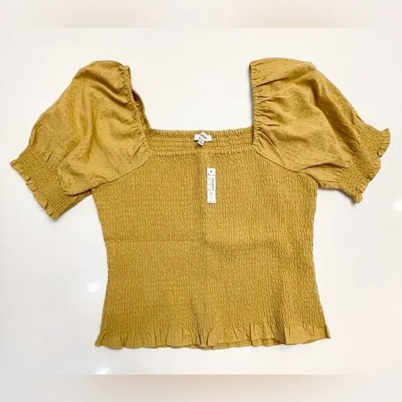 Madewell Lucie Gold Puff-Sleeve Smocked Bodice Top Size Medium NWT - Picture 8 of 11